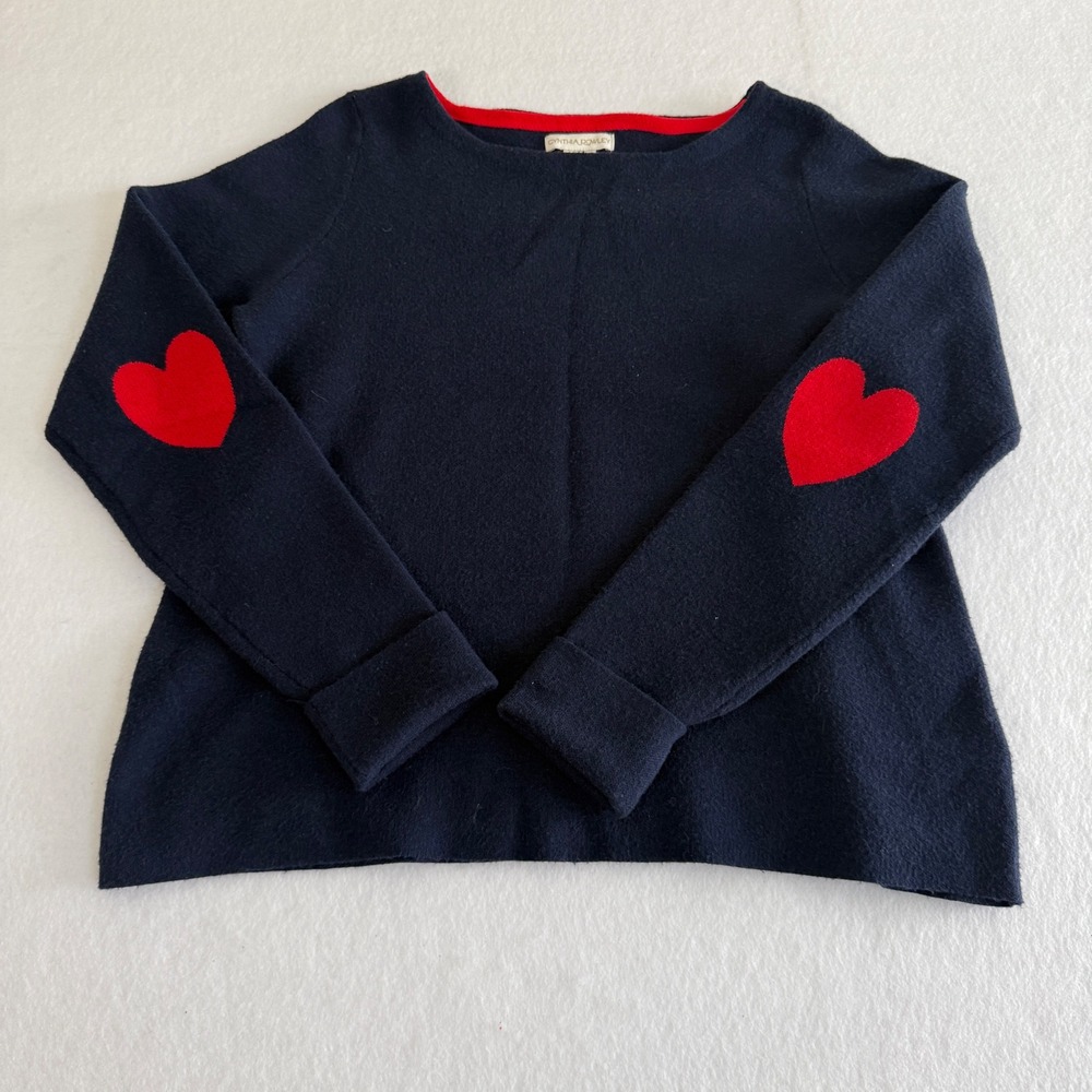 Cynthia Rowley Sweater‎ Women L Navy Blue Heart Elbow Patches Long Sleeve
